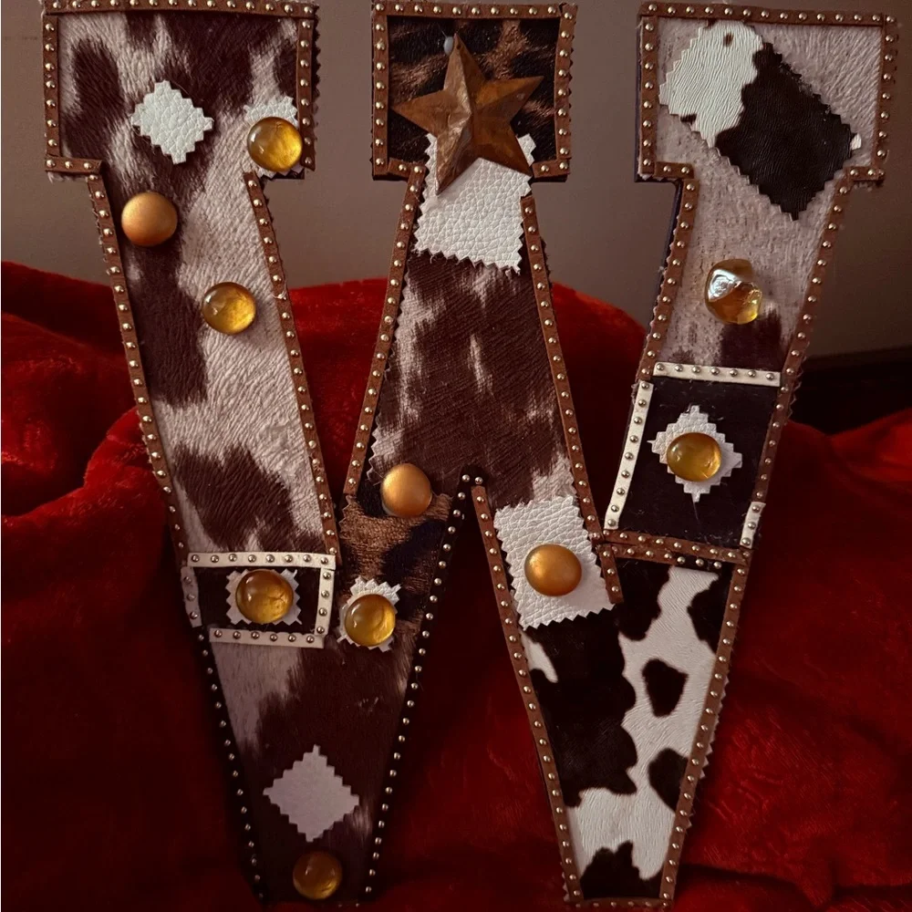 Western Cowhide Letter W Wall Decor | Rustic Farmhouse | Studded & Star 12x13